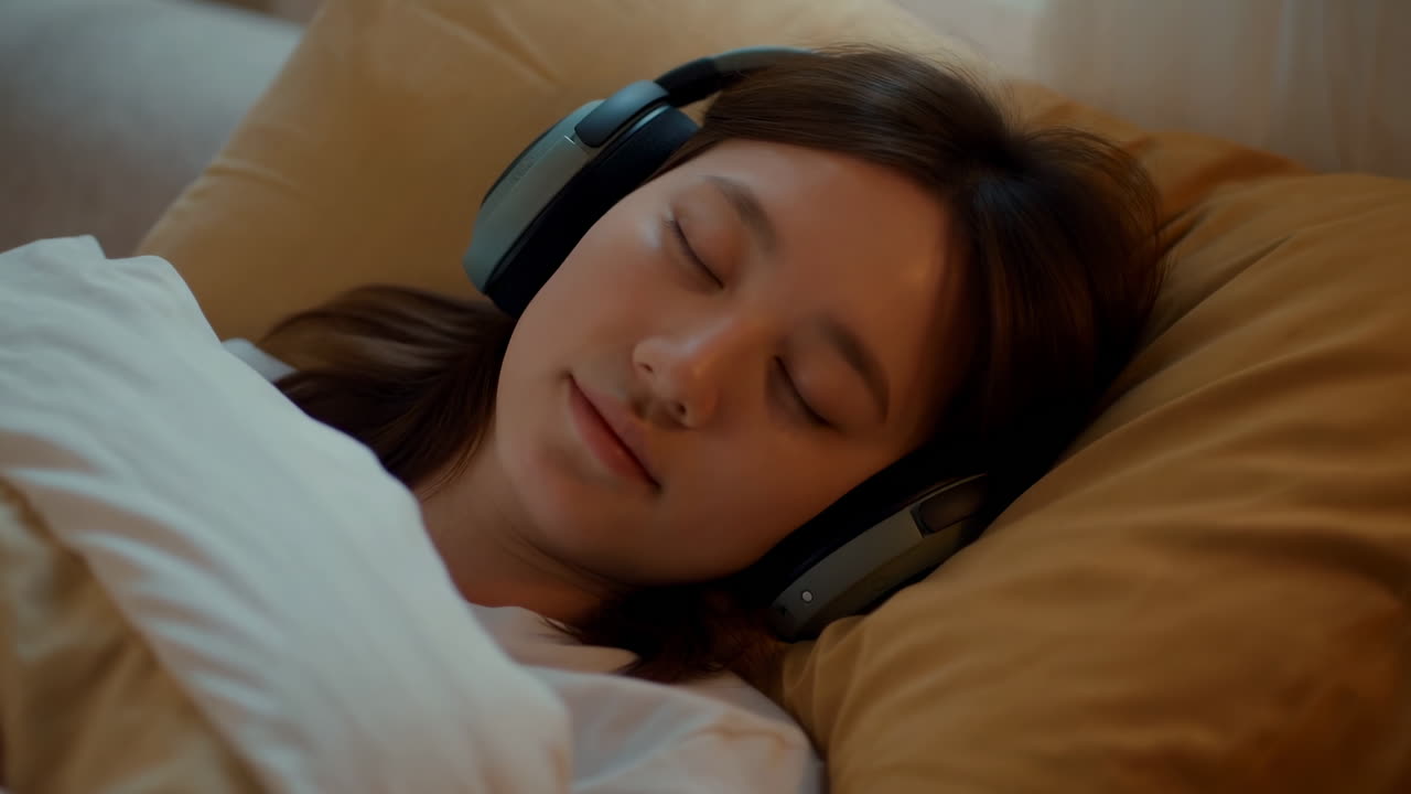 Mulher jovem a dormir em paz com os fones de ouvido ligados