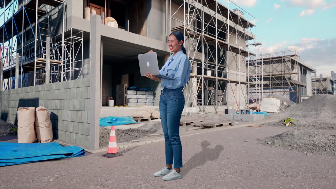 Full Body Side View Of Asian Female Professional Worker With Her Laptop At Construction Site in Progress to New House, She Raises Her Fist Up With Screaming Goal After Typed On The Laptop