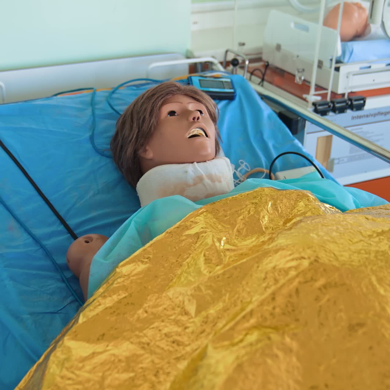 Close up detail of training dummy. Patients model for training doctors in educational center
