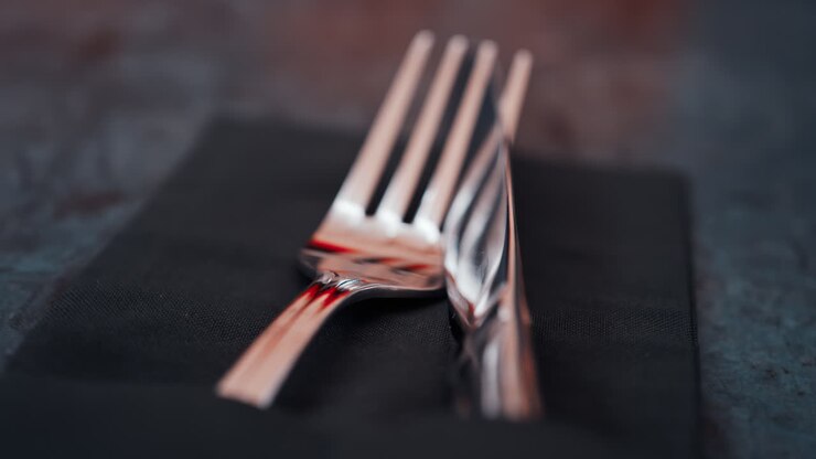 Close up of silver cutlery placed neatly on a dark napkin at a restaurant