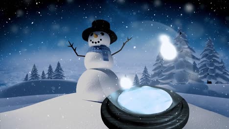 Animation-of-snow-falling-over-snow-globe-and-snowman-on-blue-background