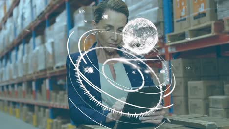 Animation-of-scope-scanning-and-globe-over-woman-using-tablet-in-warehouse