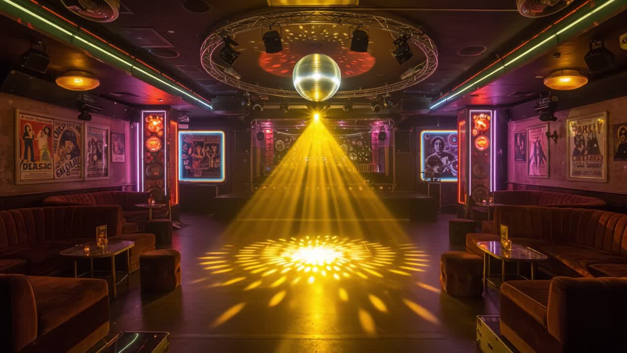 A Vibrant Nightclub Scene with a Glimmering Disco Ball and Dynamic Lighting, Creating an Inviting Atmosphere for Dance and Celebration