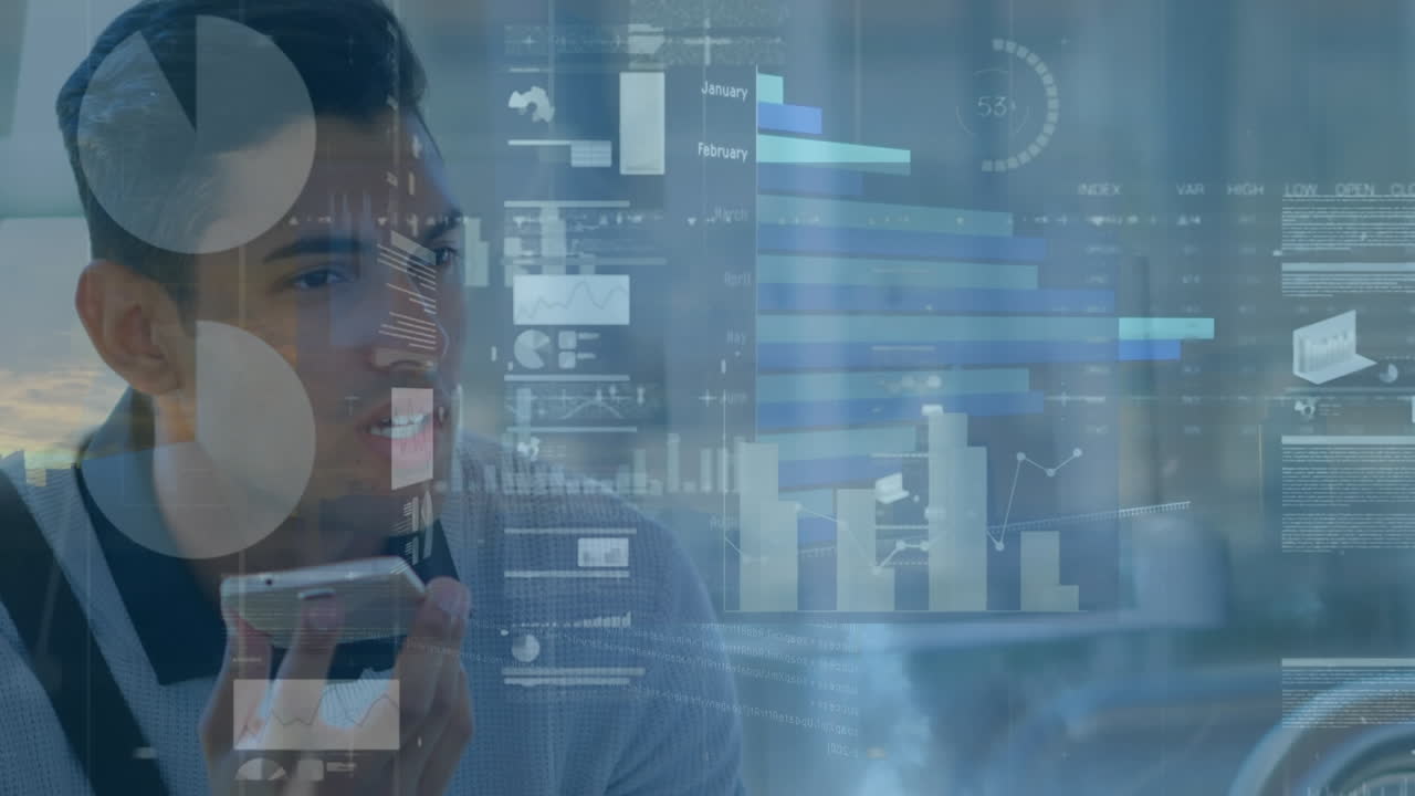 Animation of statistical data processing over biracial man woman talking on smartphone