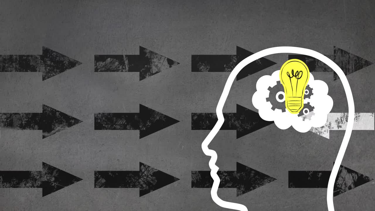 animación digital de una bombilla amarilla sobre un modelo de cabeza humana contra flechas que se mueven sobre un fondo gris