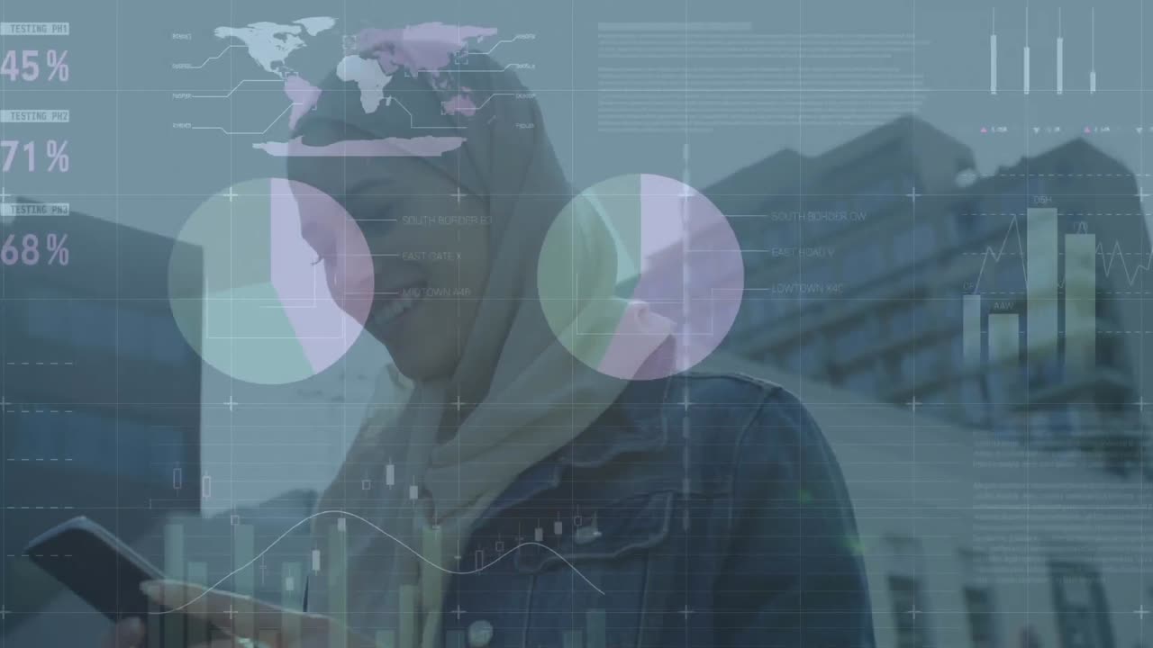 Animazione di statistiche ed elaborazione dati su una donna con hijab che usa uno smartphone