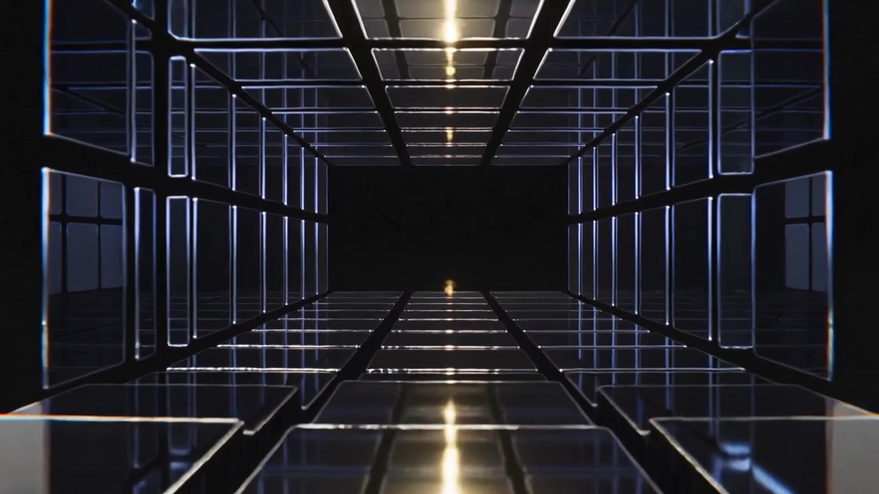 Pannelli lucidi che si sollevano impilandosi a formare un tunnel nel vuoto, la telecamera si allontana mostrando pilastri di vetro e luce dorata.