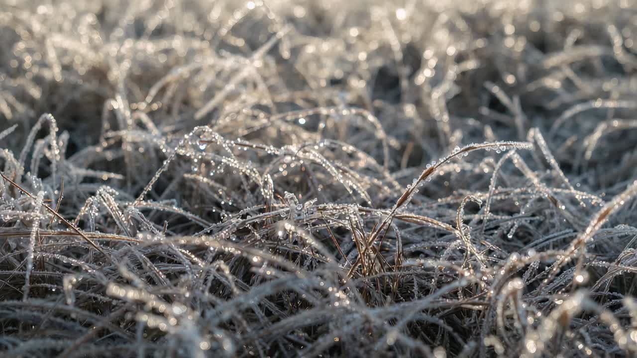 Glitzernde, bereifte Grashalme fangen den Sonnenaufgang auf dem Feld ein, während die Kamera schwenkt und Tau zeigt.