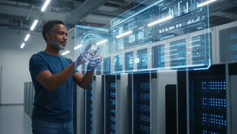 a professional examines advanced ai interfaces in a modern data center, highlighting innovations in technology and information processing systems for future developments