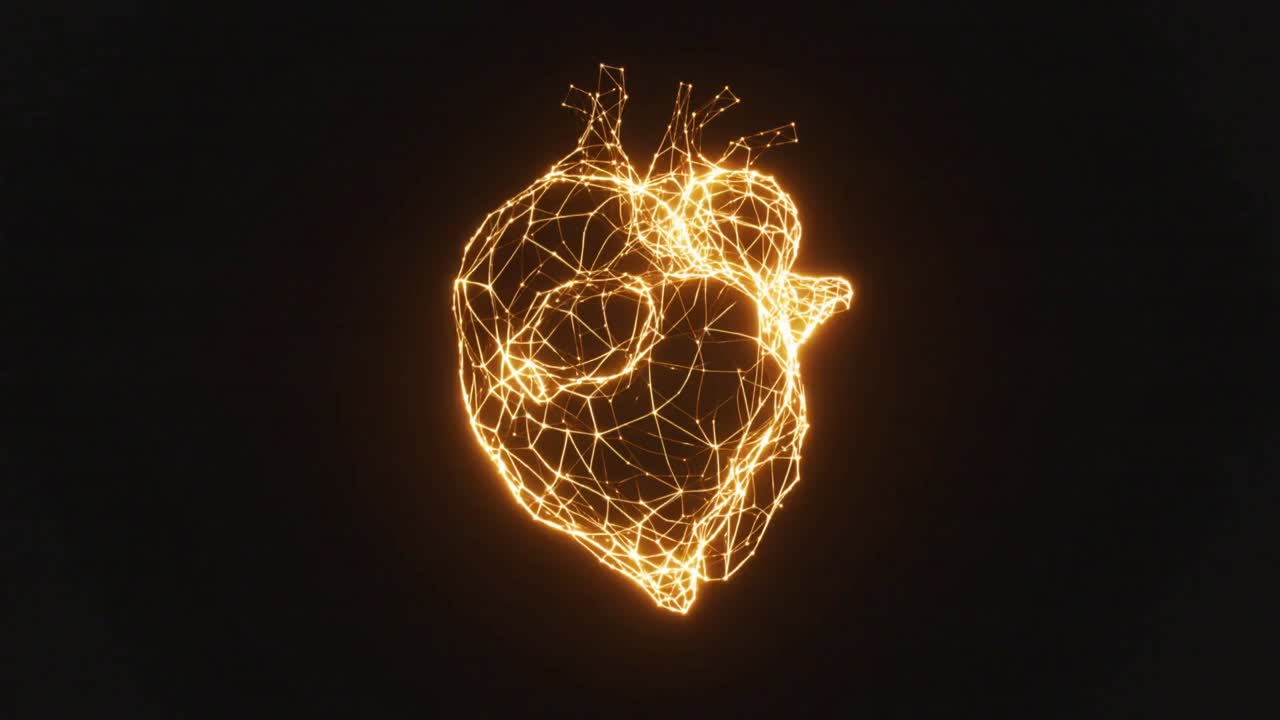 Corazón brillante de estructura metálica dorada anaranjada que se ilumina y palpita en la oscuridad, destellos que provocan chispas