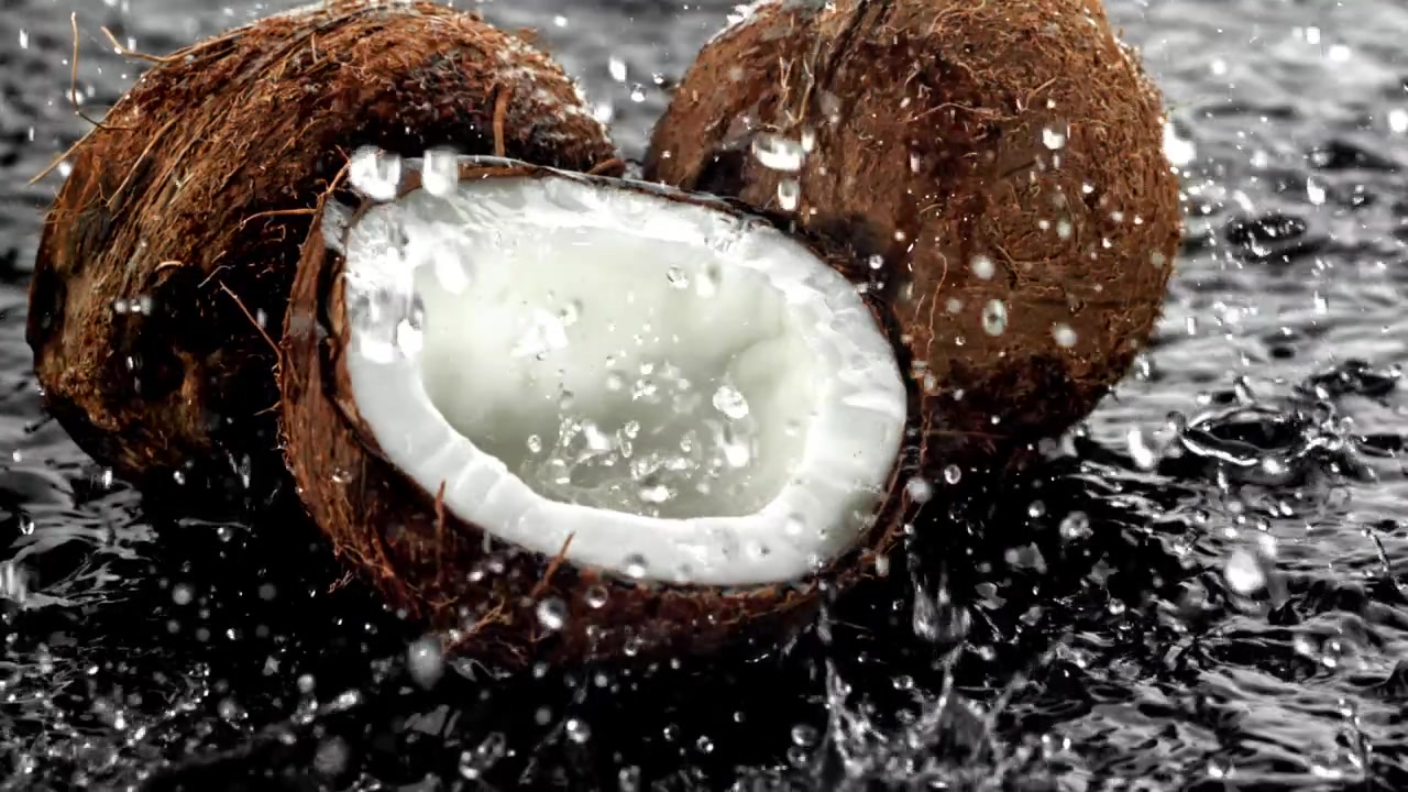 Fresh Coconuts with Water Splashing in Slow Motion
