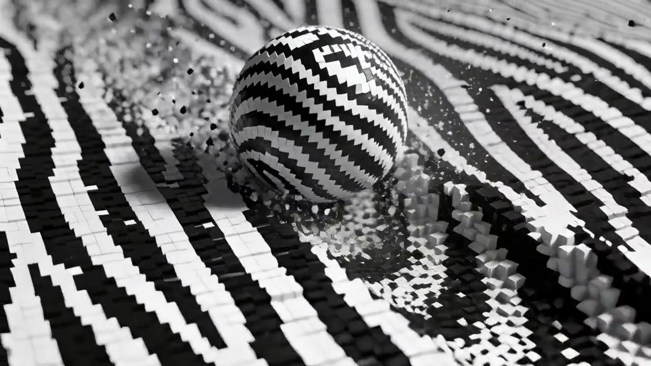 Sfera a zigzag che rotola toccando piastrelle, spostando piastrelle cubiche su un set da studio, lasciando un solco e detriti.