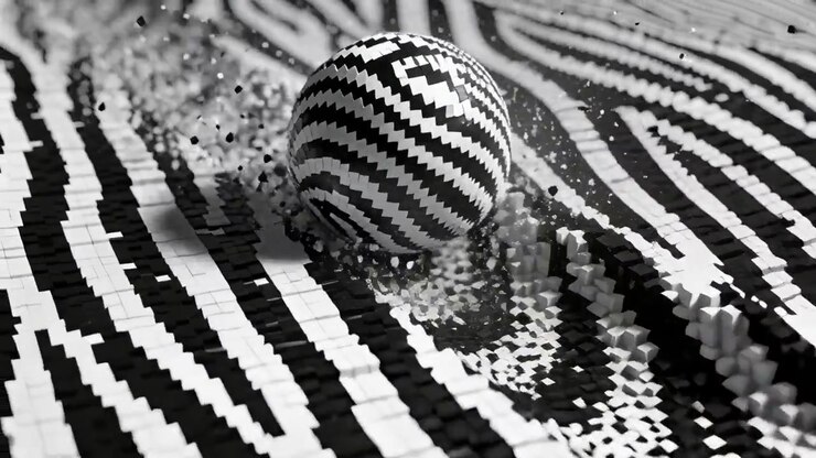 Rolling zigzag sphere touching tiles, shifting cubic tiles on studio set, leaving trough and debris