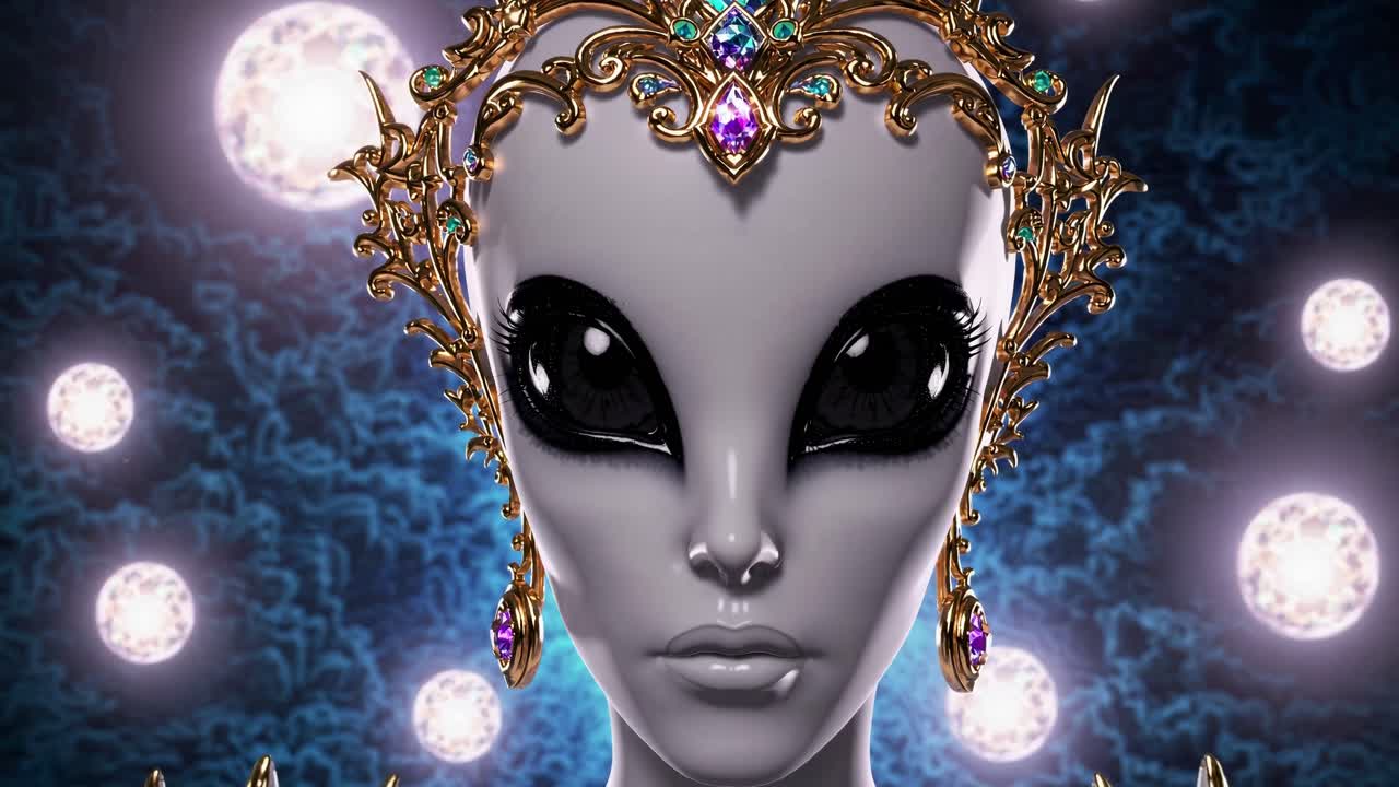 Extraterrestrial queen with gray skin, large black eyes, and a golden crown adorned with precious gems poses against a backdrop of glowing orbs and swirling nebulae