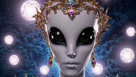 extraterrestrial queen with gray skin, large black eyes, and a golden crown adorned with precious gems poses against a backdrop of glowing orbs and swirling nebulae