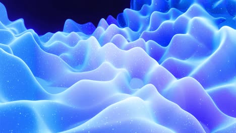 abstract waves of soft blue matte material with light inner glow and glitters on morphing surface. abstract geometric surface like landscape or terrain, extrude or displace 3d noise. loop 4k
