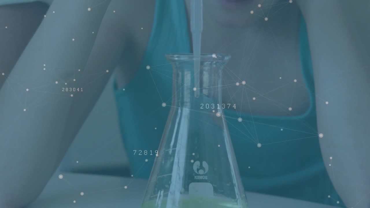 Girl wearing goggles positioning dropper at flask releasing blue drop in STEM watching color shift