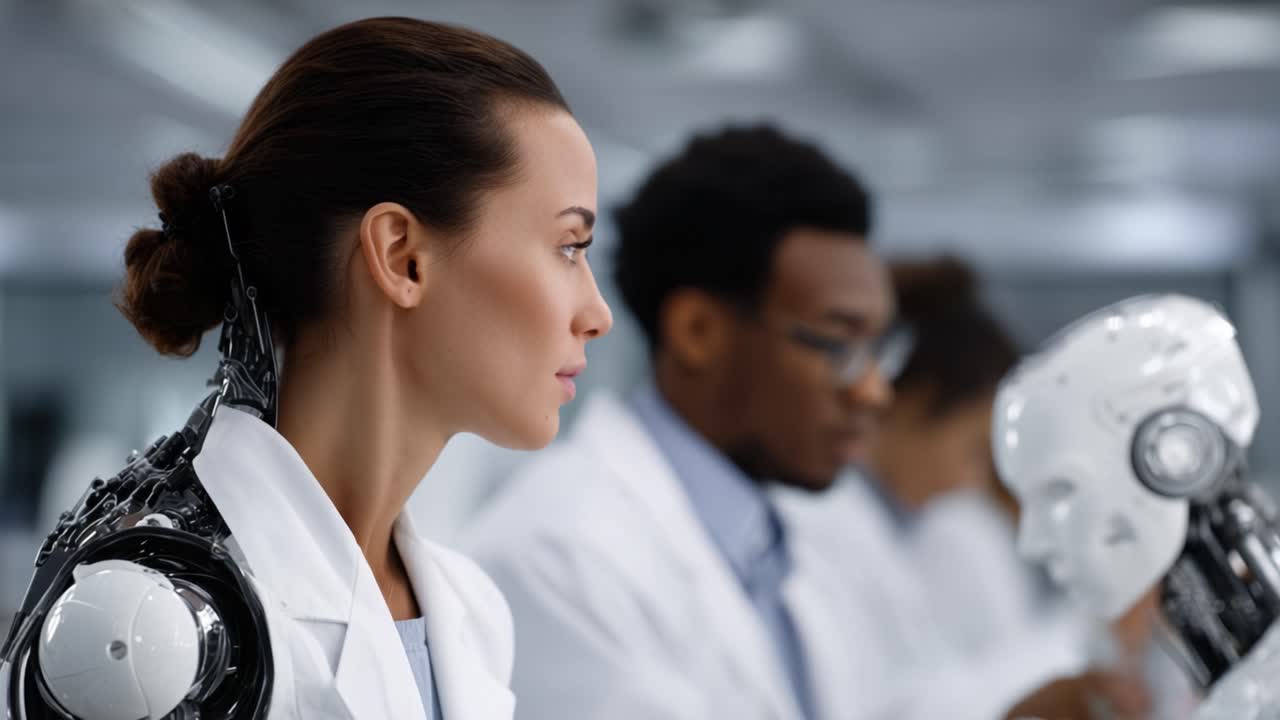 Una scena di ricerca futuristica con due scienziati con potenziamenti robotici che lavorano su tecnologia avanzata in un moderno ambiente di laboratorio.