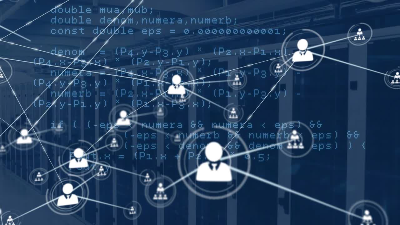 Animation of network of connections with icons and data processing over computer servers