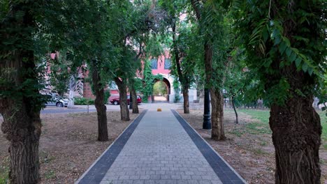 a paved walkway with rows of trees on either side leads to a building with an archway