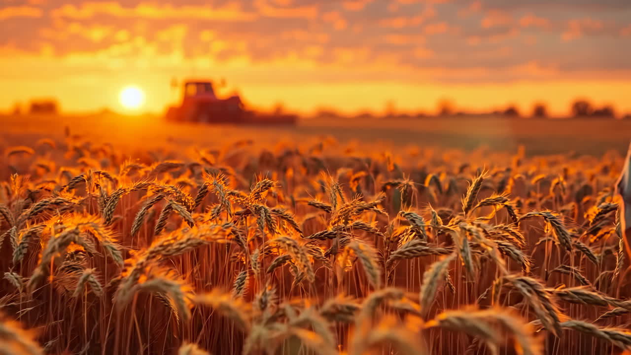 A man stands in a field of wheat, looking out at the sun as it sets. The scene is peaceful and serene, with the man's gaze fixed on the horizon