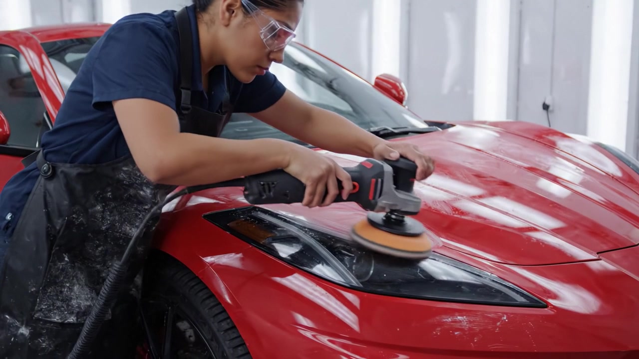 A Skilled Technician Polishing a Red Sports Car with a Buffer to Achieve a Shiny and Flawless Finish in an Automotive Detail Workspace.