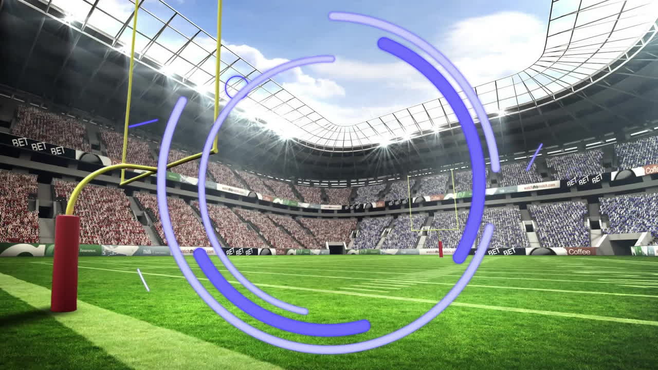 Football stadium with towering goalposts and green field under clear sky animation