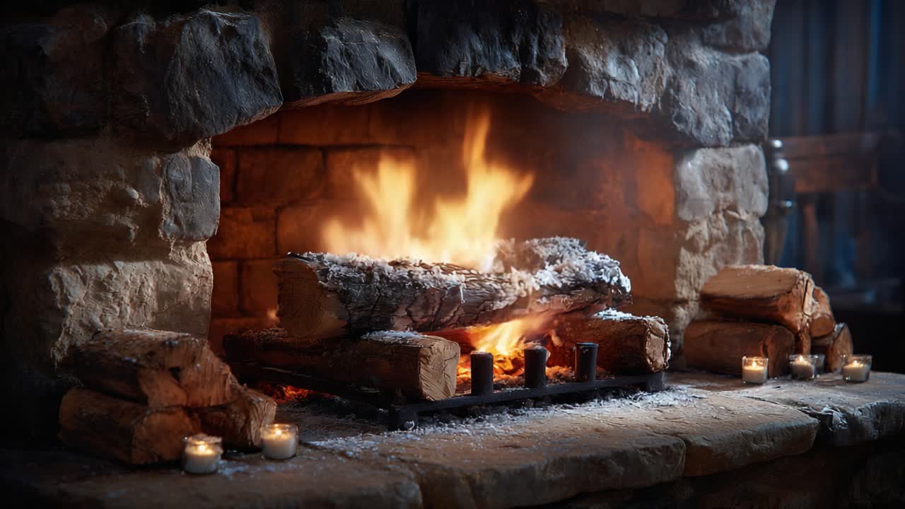 A Cozy Fireplace Emitting Warm Flames and Soft Glow of Candles, Perfect for Creating an Inviting Atmosphere in Any Living Space