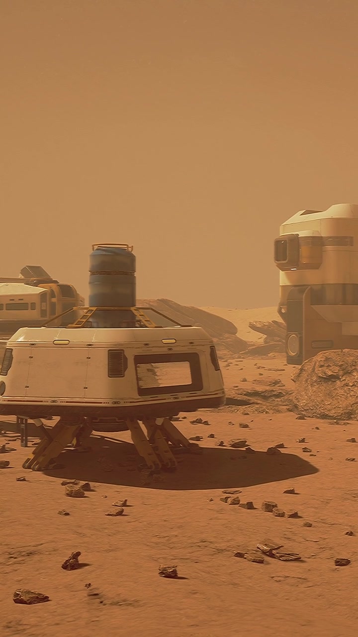Mars base with habitats and landing craft in reddish landscape during day