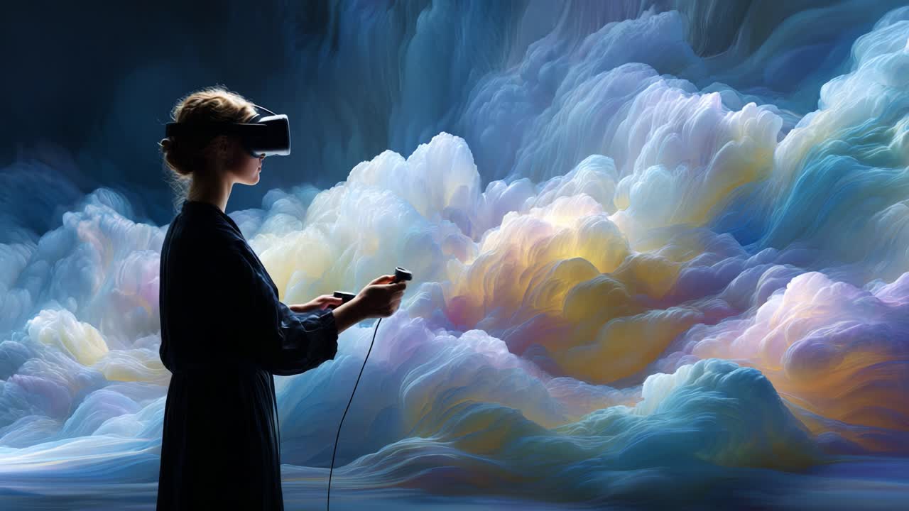 An Immersive Virtual Reality Experience: A Person Engaged in VR Technology Stands Amidst a Surreal Cloudscape, Exploring New Realms of Digital Interaction and Imagination