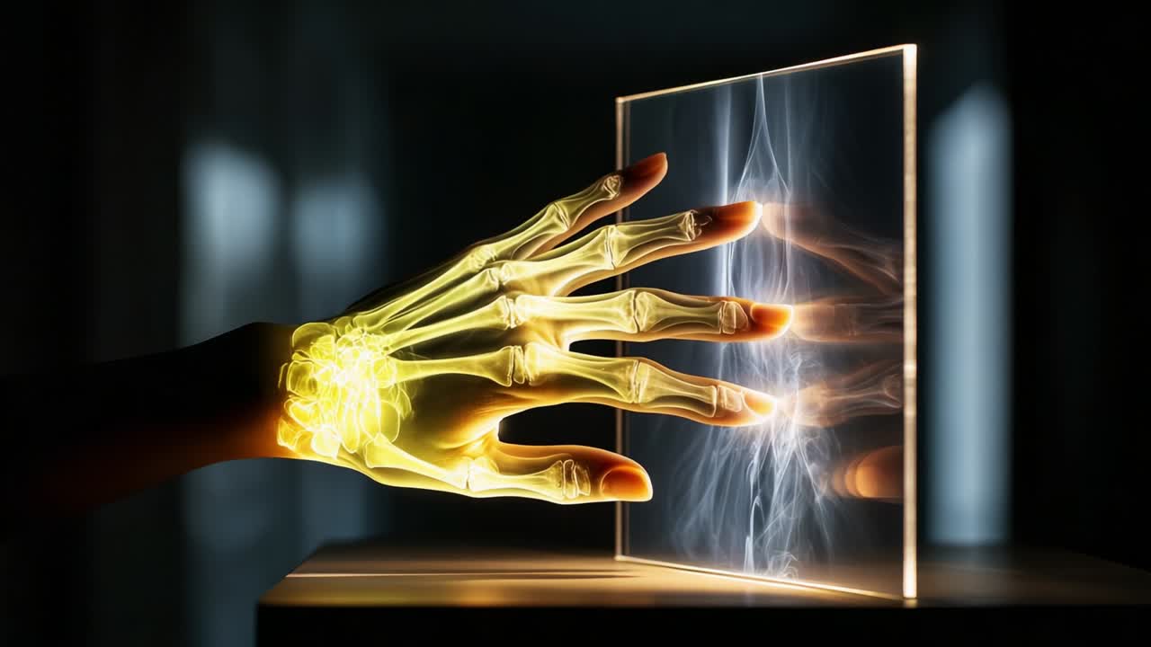 An Artistic Depiction of a Radiant Hand Projecting Energy Through a Transparent Surface, Merging Human Anatomy with Enlightening Visual Effects, Capturing the Essence of Both Technology and Biology