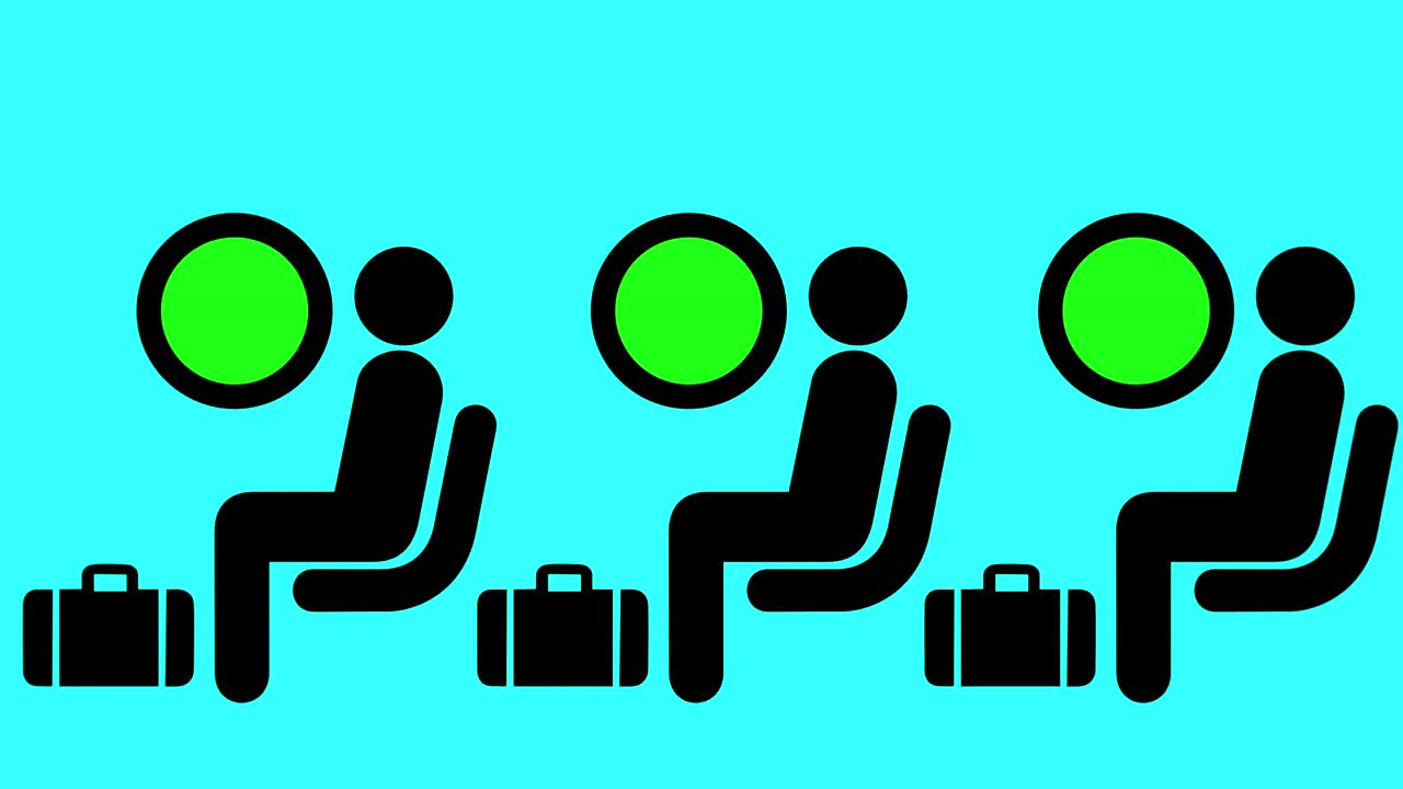 silueta de un avión de pasajeros mirando por la ventana. fondo de pantalla verde. animación 4k.