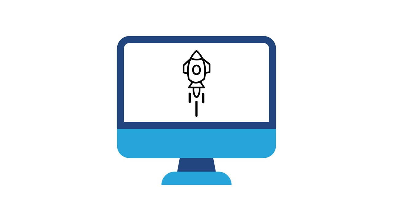 Computer screen rocket launch animation isolated on white background