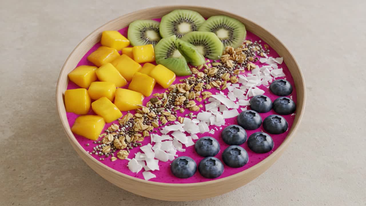Vibrant Dragon Fruit Smoothie Bowl Topped with Fresh Mango, Kiwi, Blueberries, Granola, and Coconut Flakes for a Healthy and Colorful Breakfast Treat