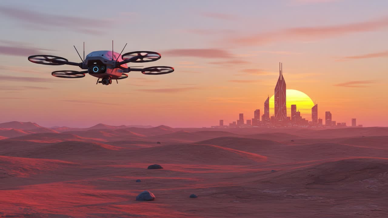 A Futuristic Drone Over a Desert Landscape at Sunset, Capturing a Glimpse of an Advanced City Skyline Against a Vibrant Orange Horizon