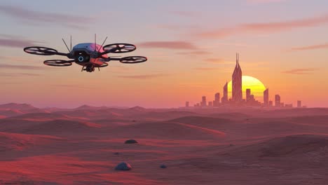 a futuristic drone over a desert landscape at sunset, capturing a glimpse of an advanced city skyline against a vibrant orange horizon