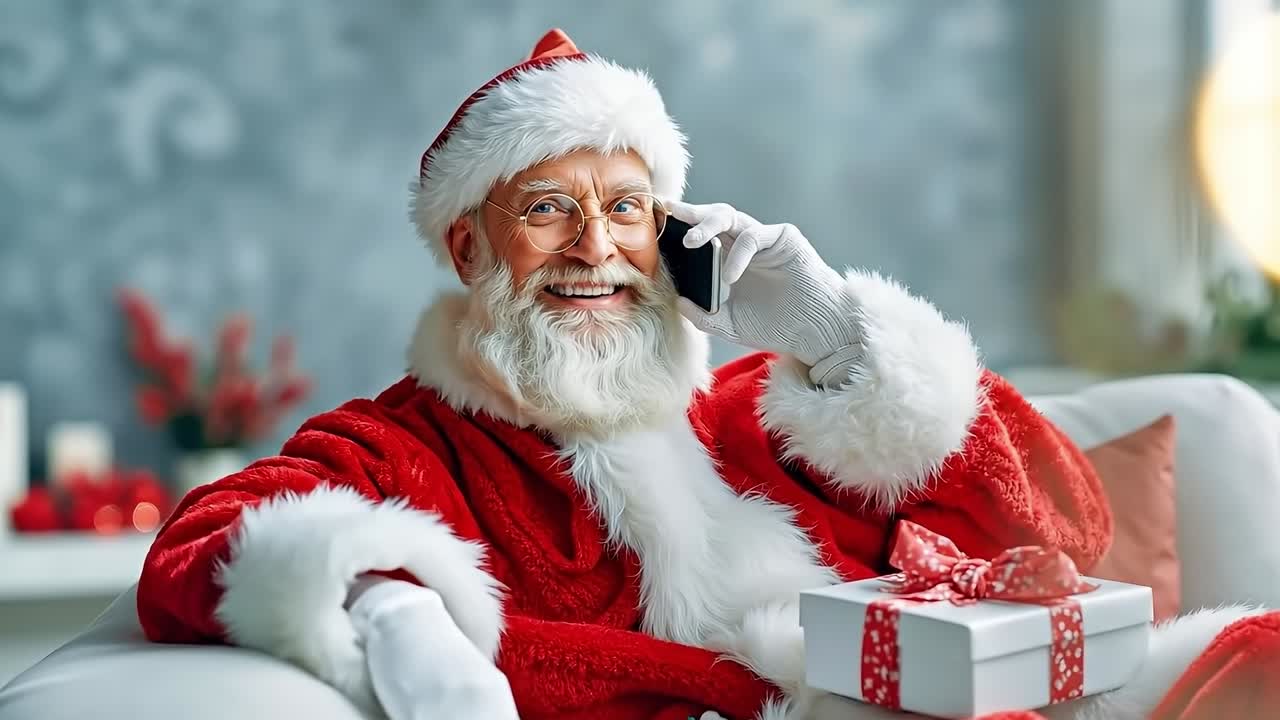 Un uomo vestito da Babbo Natale che parla al cellulare