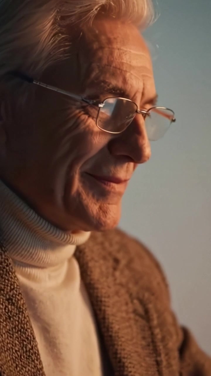 Un primo piano pensieroso di un uomo anziano con gli occhiali, che riflette saggezza ed esperienza con un sorriso caloroso, catturato in un sereno momento di contemplazione.