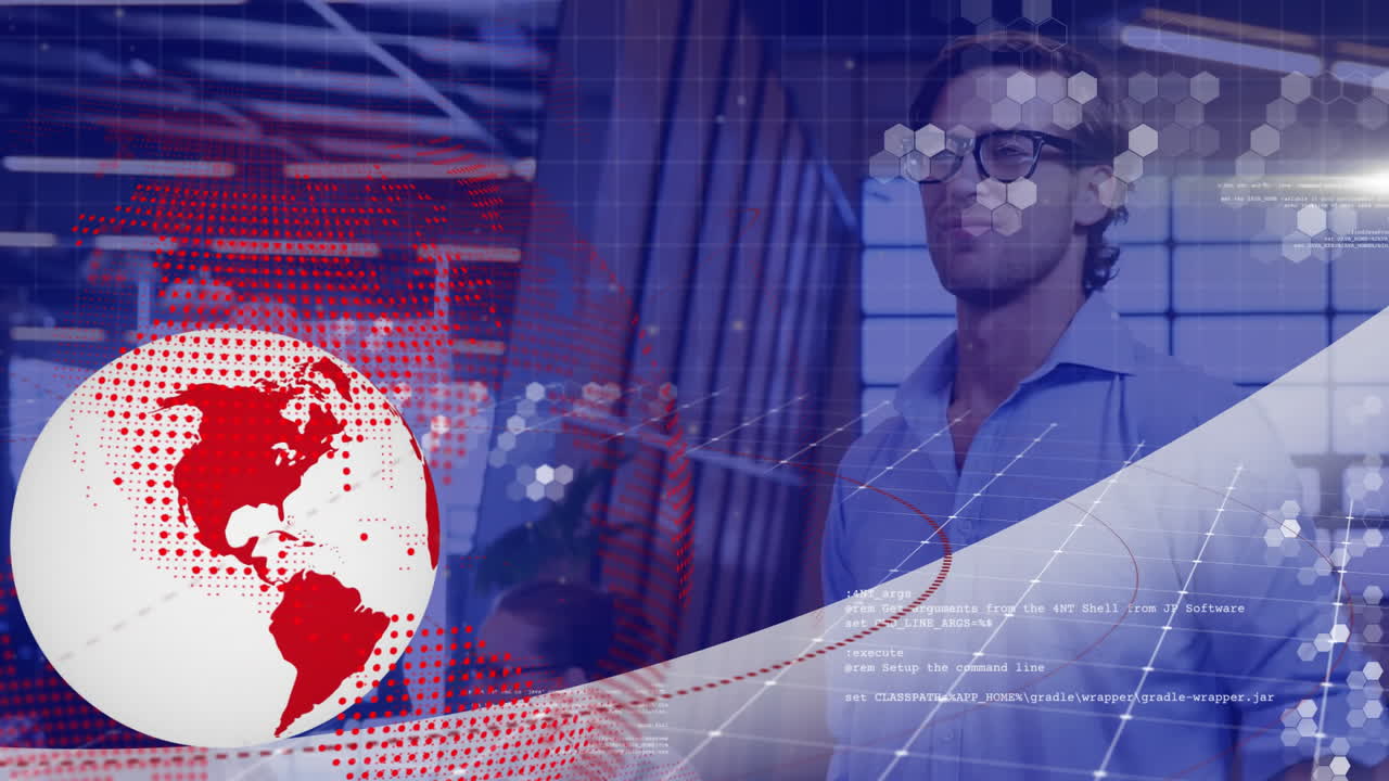 animación del globo y procesamiento de datos financieros sobre empresario caucásico en el cargo