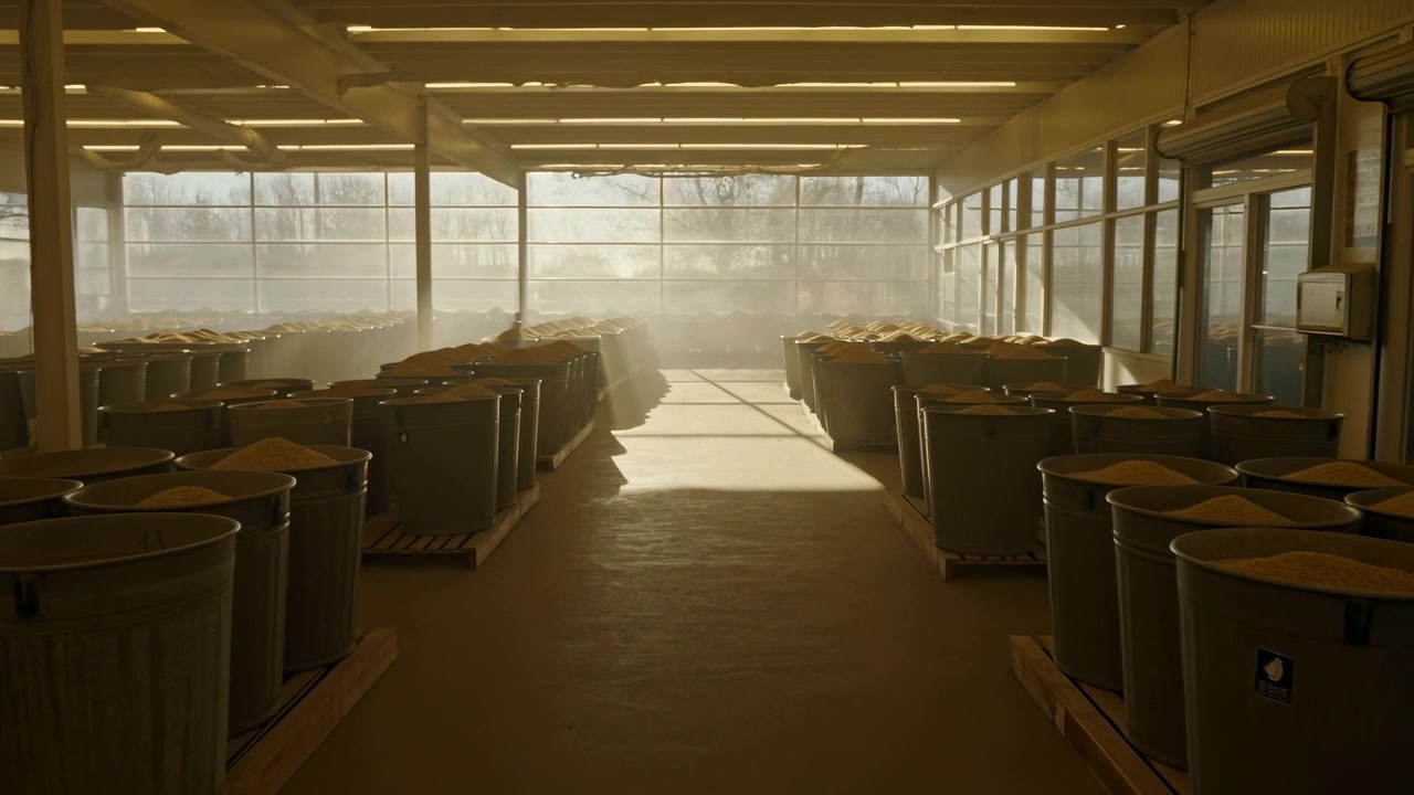 Wide interior view of spacious storage hall with central aisle, open bins on wooden pallets, conical piles of fine granular material, warm glow, drifting dust, and orderly symmetry