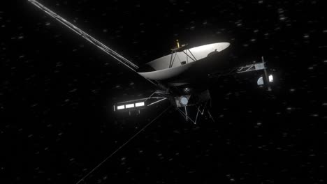 high quality and very detailed orbiting shot of the space probe voyager 1 as sunlight reflects on its solar panels, in deep space on its mission 20 billion km from earth