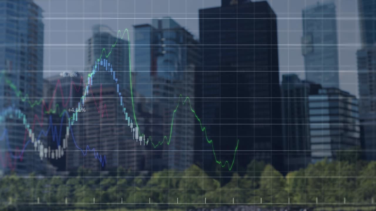 animación del procesamiento de datos financieros sobre el paisaje urbano