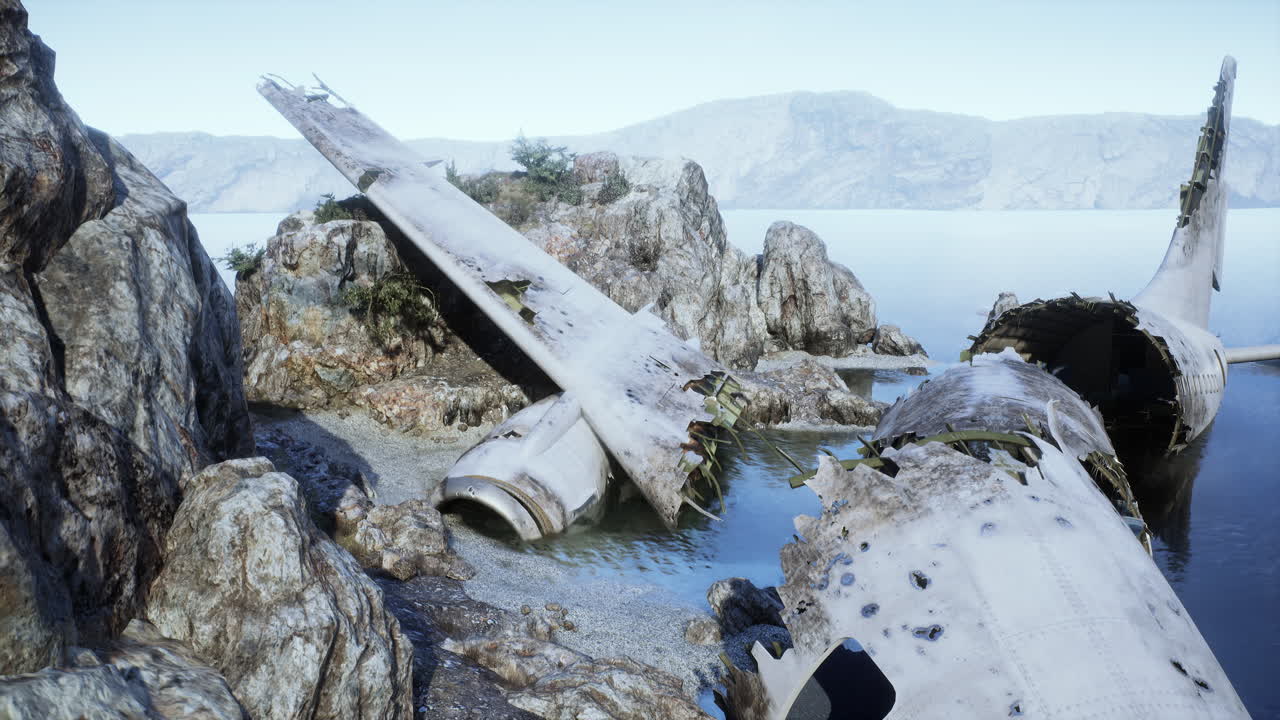 обломки самолета на скалистом побережье