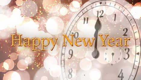 Animación-De-Texto-De-Feliz-Año-Nuevo,-Reloj-Que-Muestra-Medianoche-Y-Puntos-De-Fondo-Claro