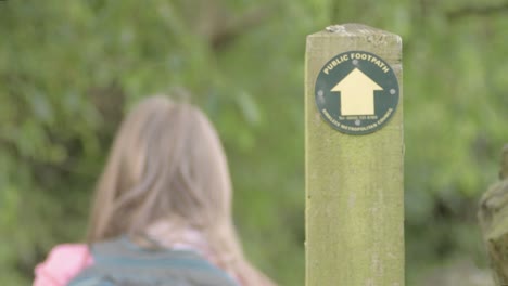 public footpath sign with hiker in rural england