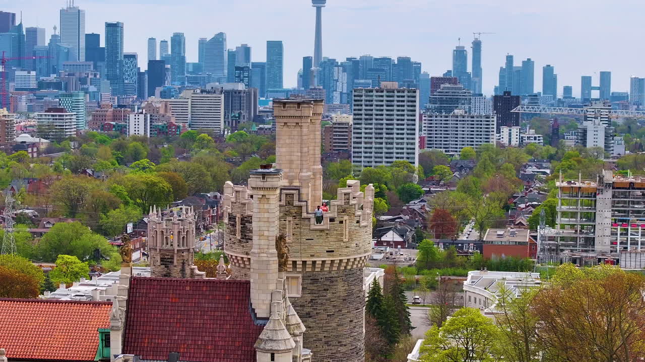 Aerial shot of tourists visiting the lookout at Casa Loma in Toronto
