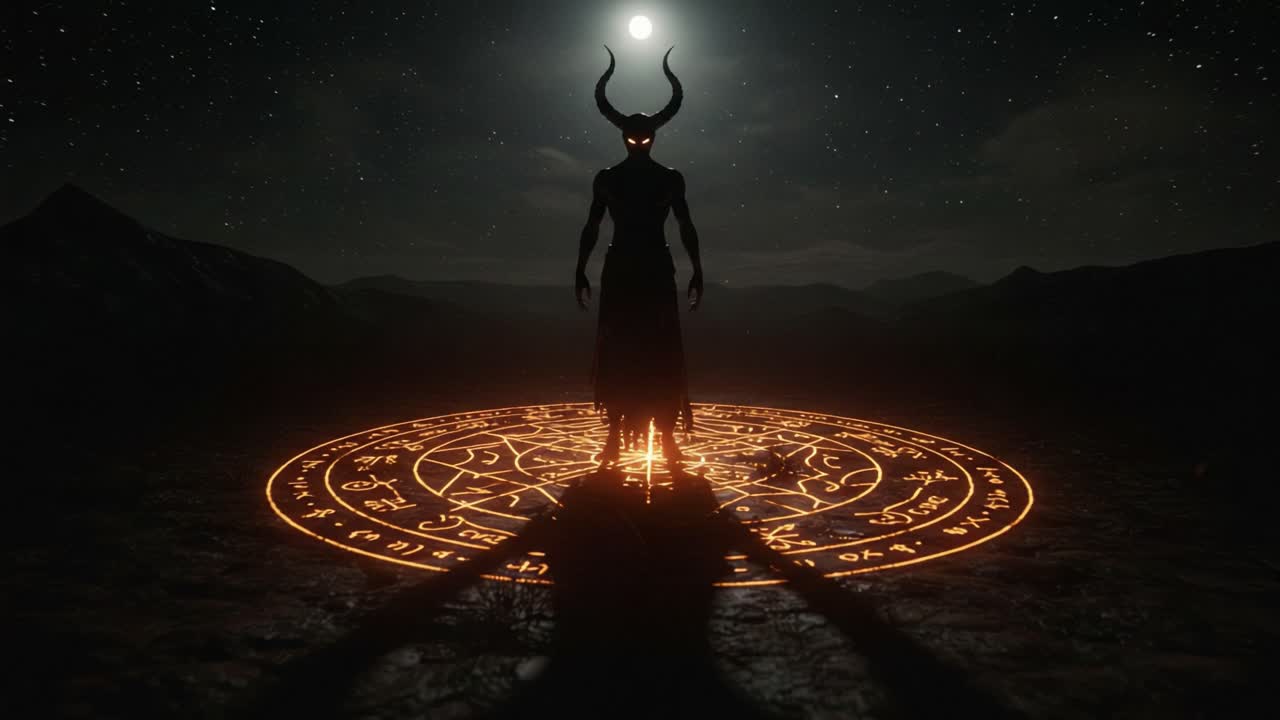 A Dark Figure with Horns Stands in an Enigmatic Circle Under a Moonlit Sky, Surrounded by Mystical Symbols and Stars, Evoking an Atmosphere of Supernatural Mystery