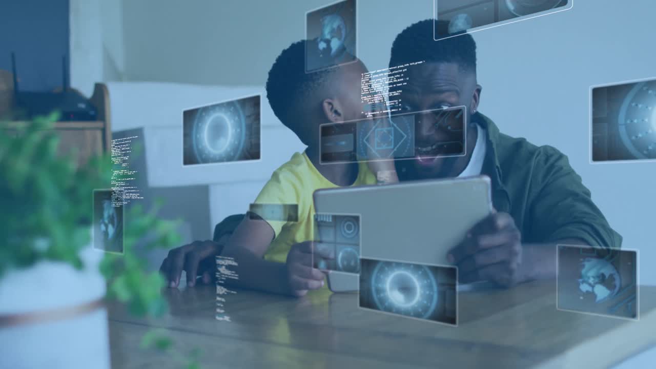 Animation of data on screens over happy african american father and son using tablet