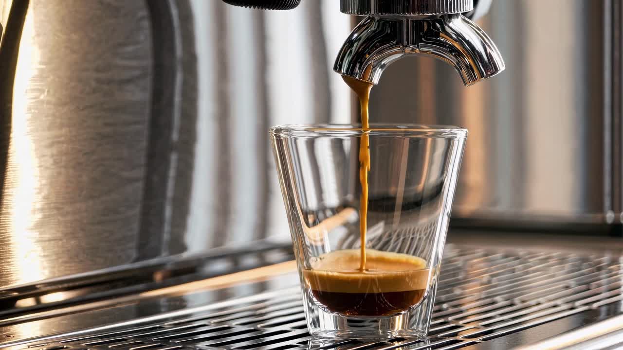 Close-up video angle of espresso pouring into a glass, highlighting the rich texture and modern
