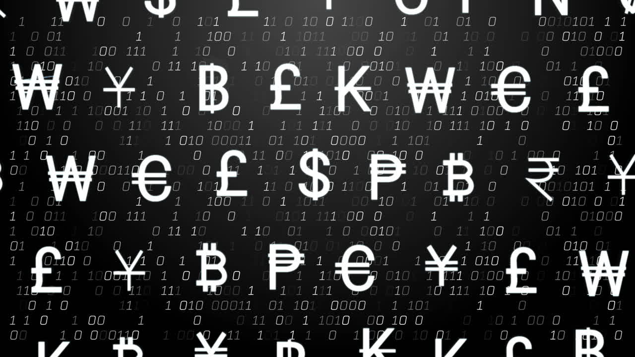 Animation of currency icons financial data processing over binary coding